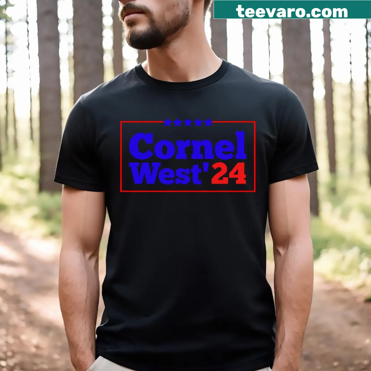 Cornel West 2024 campaign t-shirt with bold text — on a men's t-shirt