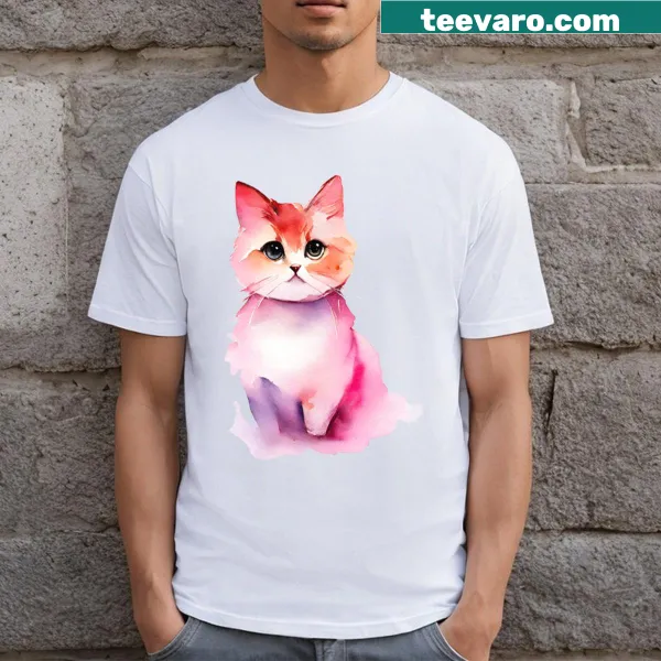 Aquarelle-style illustration of a cute cat on a t-shirt