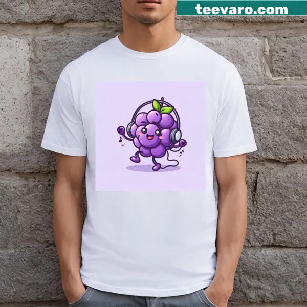 Illustrative T-shirt featuring a cute grape listening to music