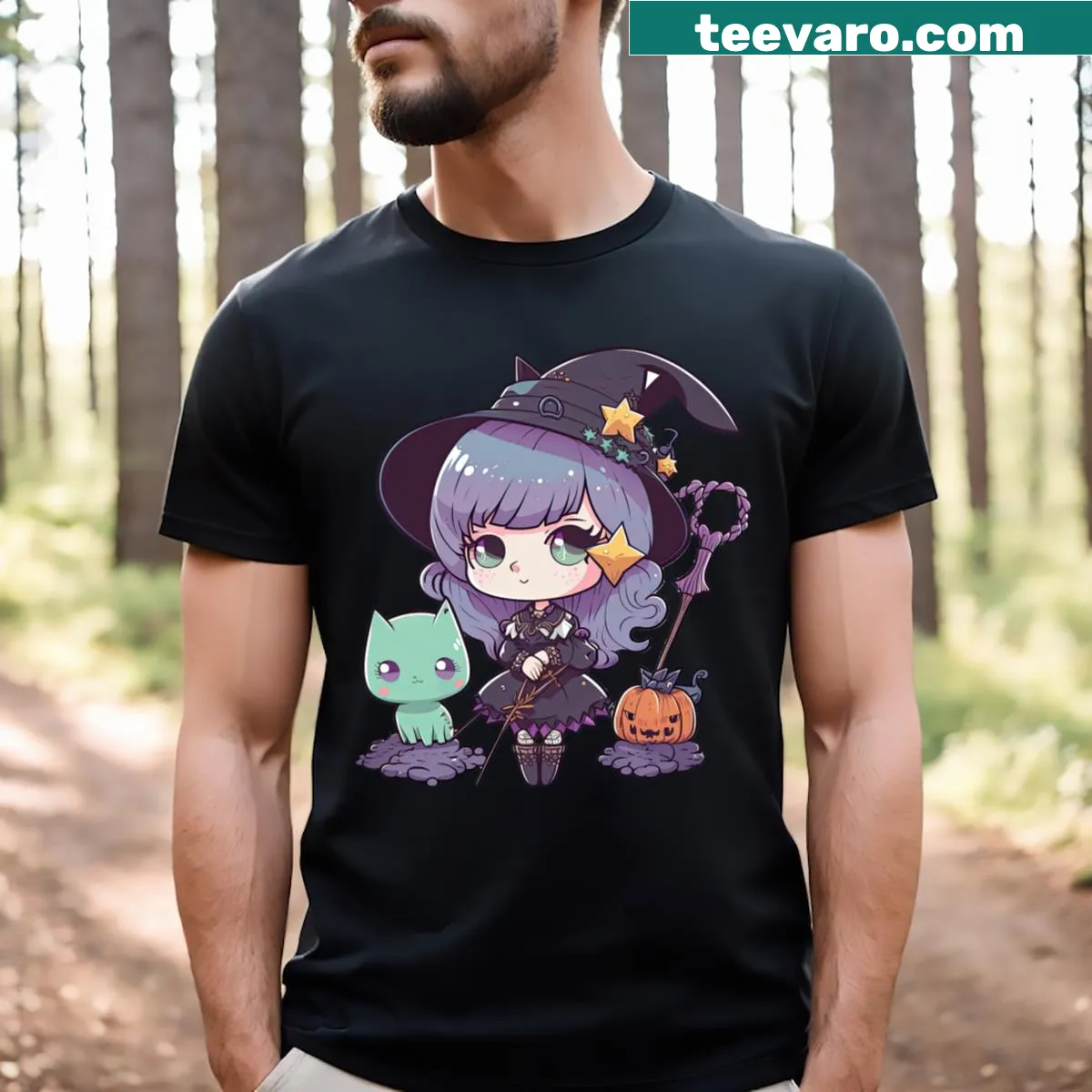 Kawaii pastel goth witch with cat and pumpkin illustrated on a t-shirt — on a men's t-shirt