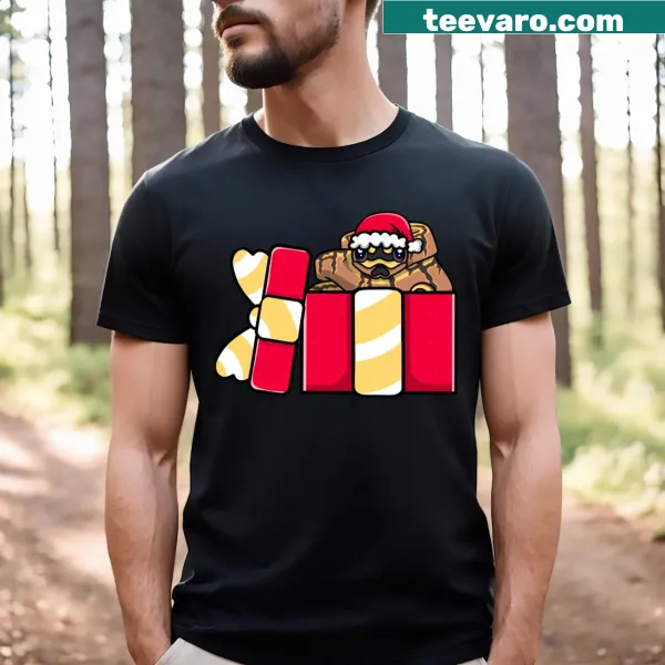 Christmas-themed tee with a cute spider ball python in a gift box