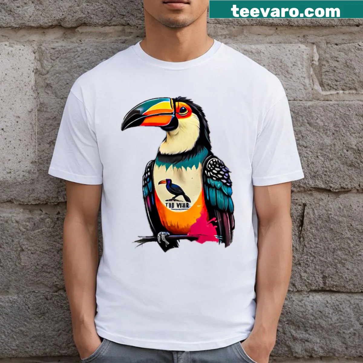 T-shirt featuring a cute toucan in a playful illustration style — on a men's t-shirt