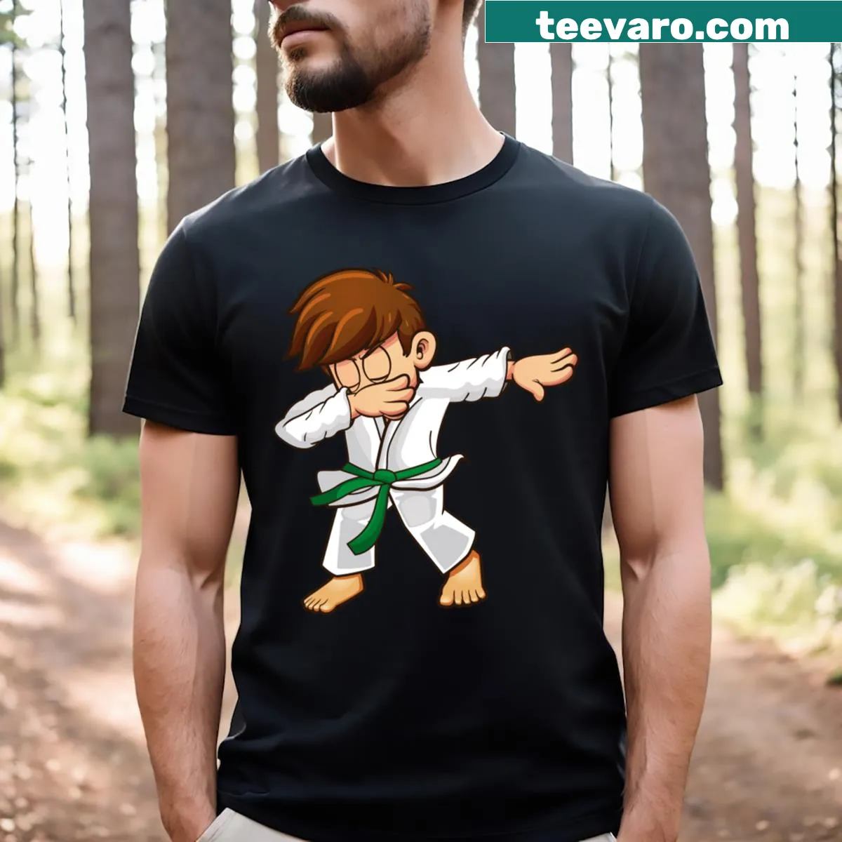 T-shirt with a dabbing karateka in a green belt illustration — on a men's t-shirt