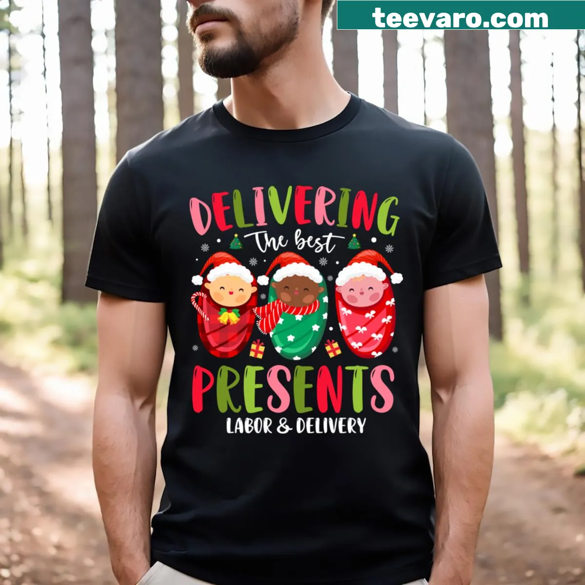 T-shirt celebrating labor and delivery with the phrase 'Delivering The Best Presents' — on a men's t-shirt