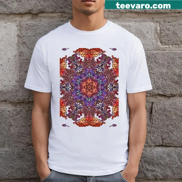 T-shirt with an intricate dot mandala design in vibrant colors of orange, blue, and purple.