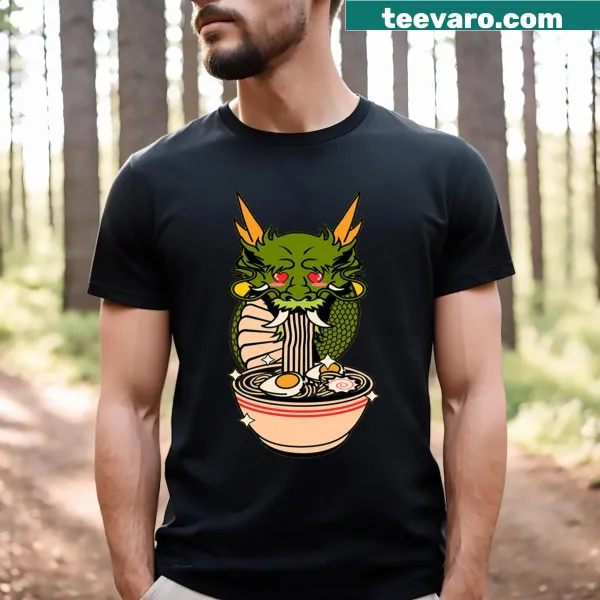 Funny dragon enjoying a large bowl of ramen on a T-shirt