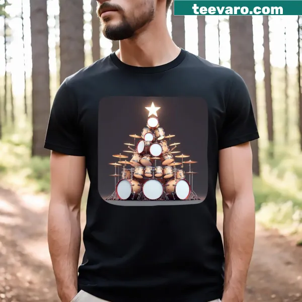 Cartoon Christmas tree decorated with drums on a t-shirt