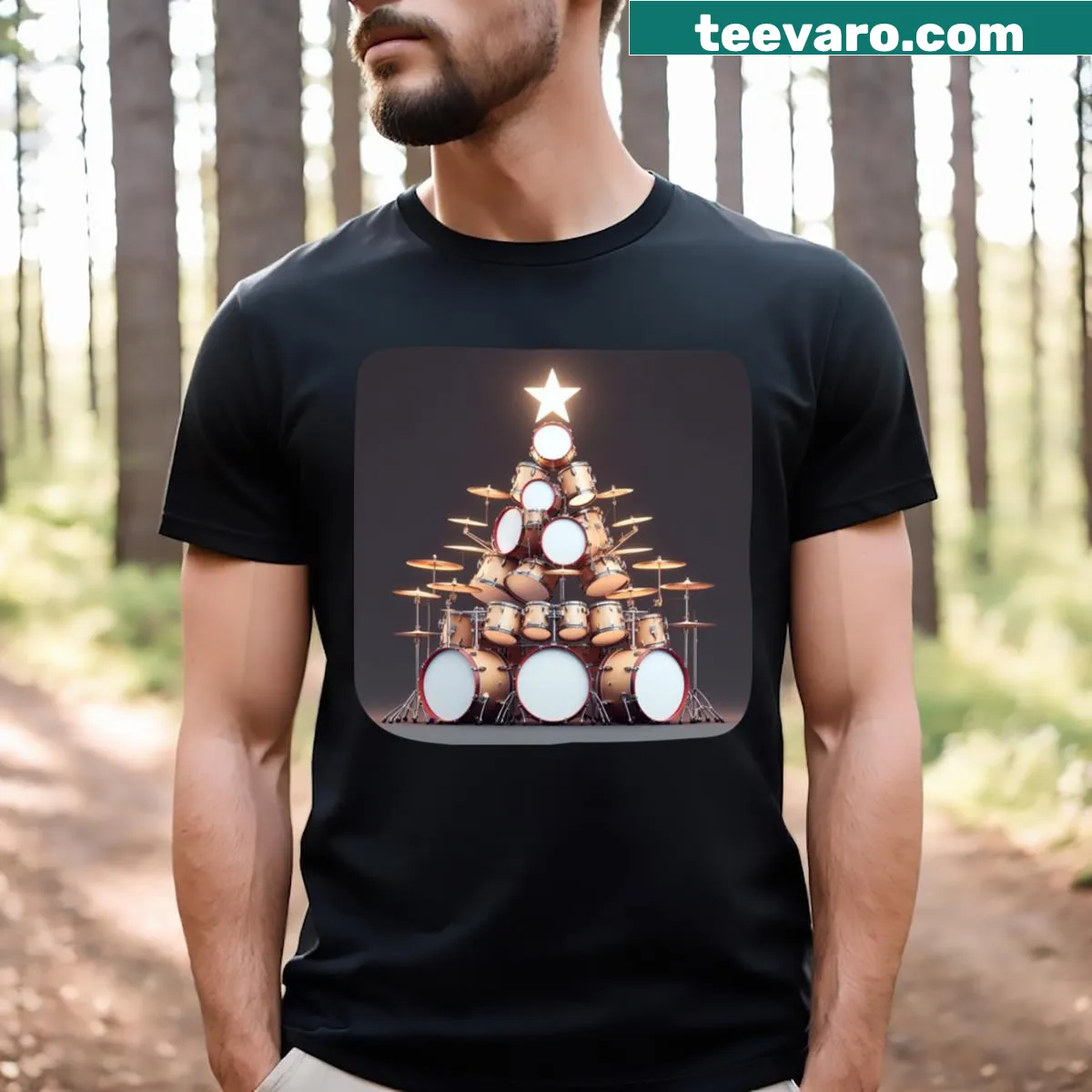 Cartoon Christmas tree decorated with drums on a t-shirt — on a men's t-shirt