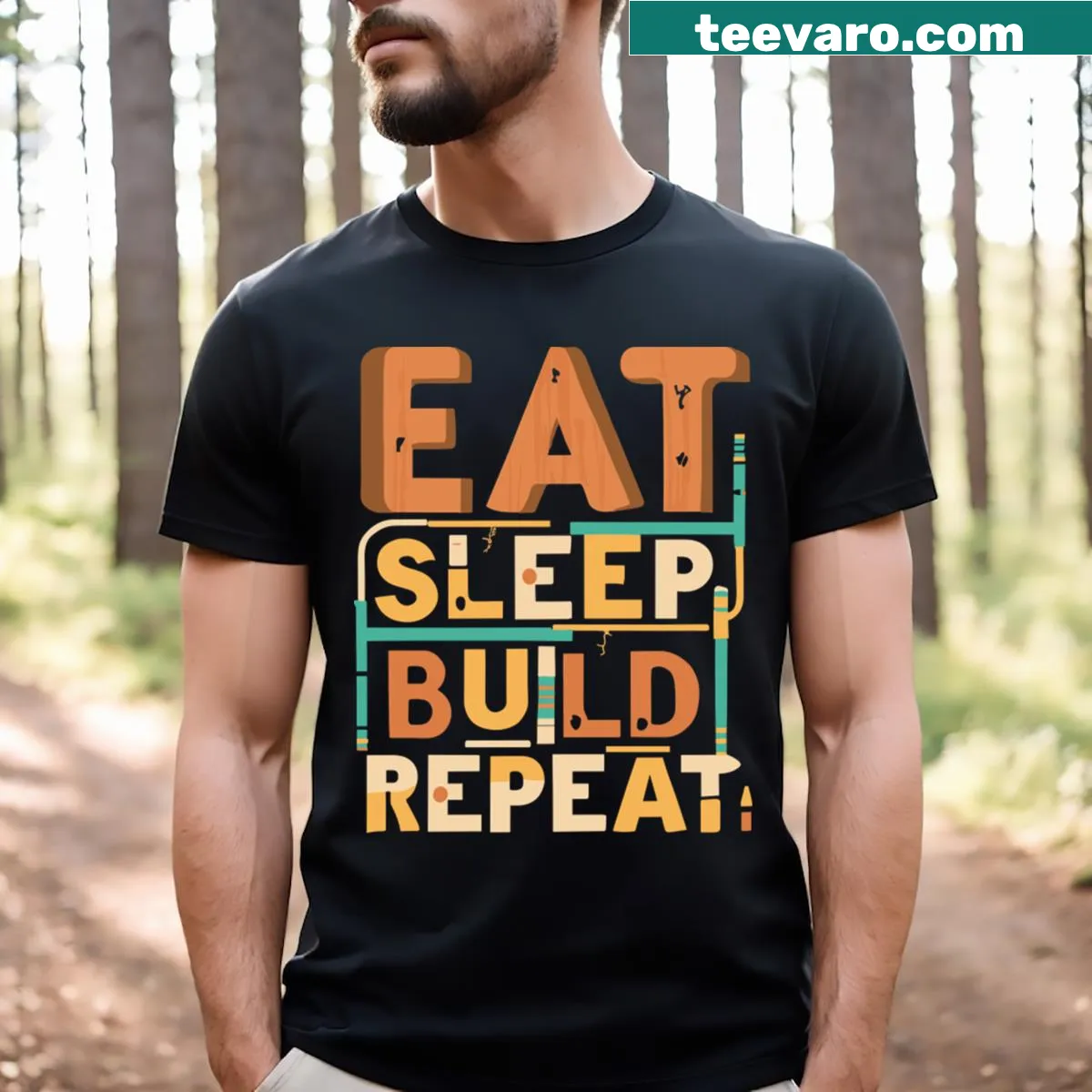 Eat Sleep Build Repeat text graphic on a t-shirt — on a men's t-shirt