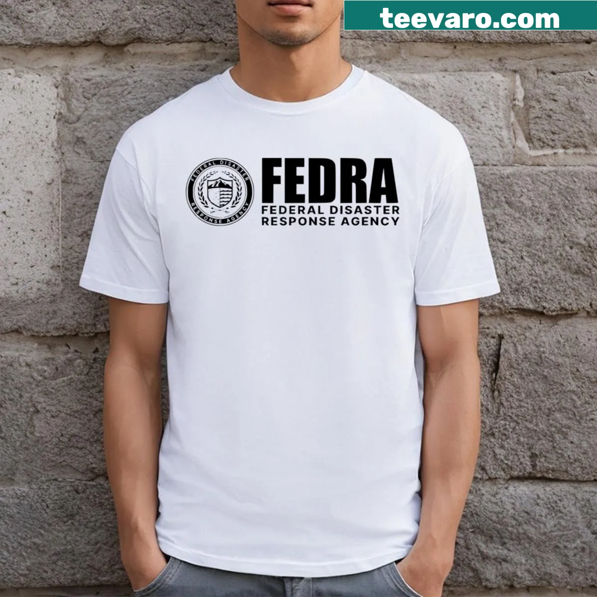 T-shirt featuring the Fedra Federal Disaster Response Agency logo — on a men's t-shirt