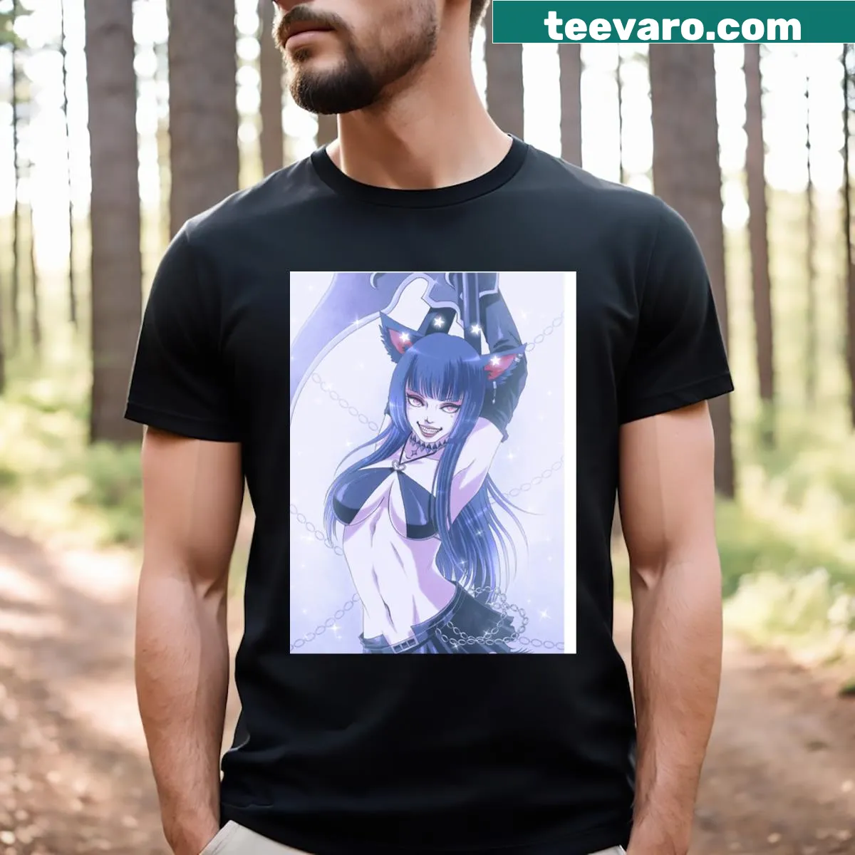 Bold illustration of a cat with femme fatale theme — on a men's t-shirt