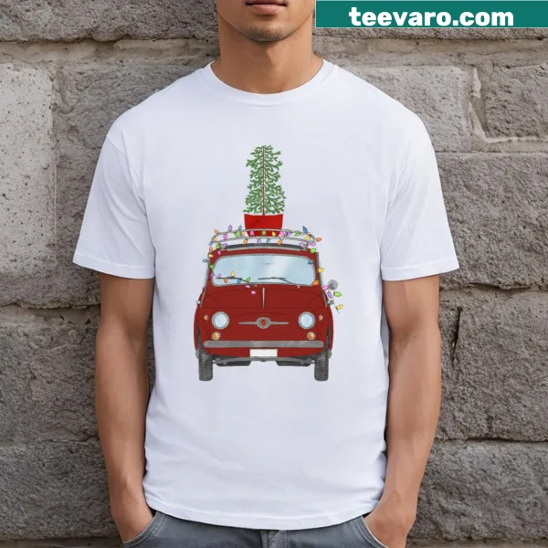 Illustration of a Fiat 500 car with a Christmas tree on top