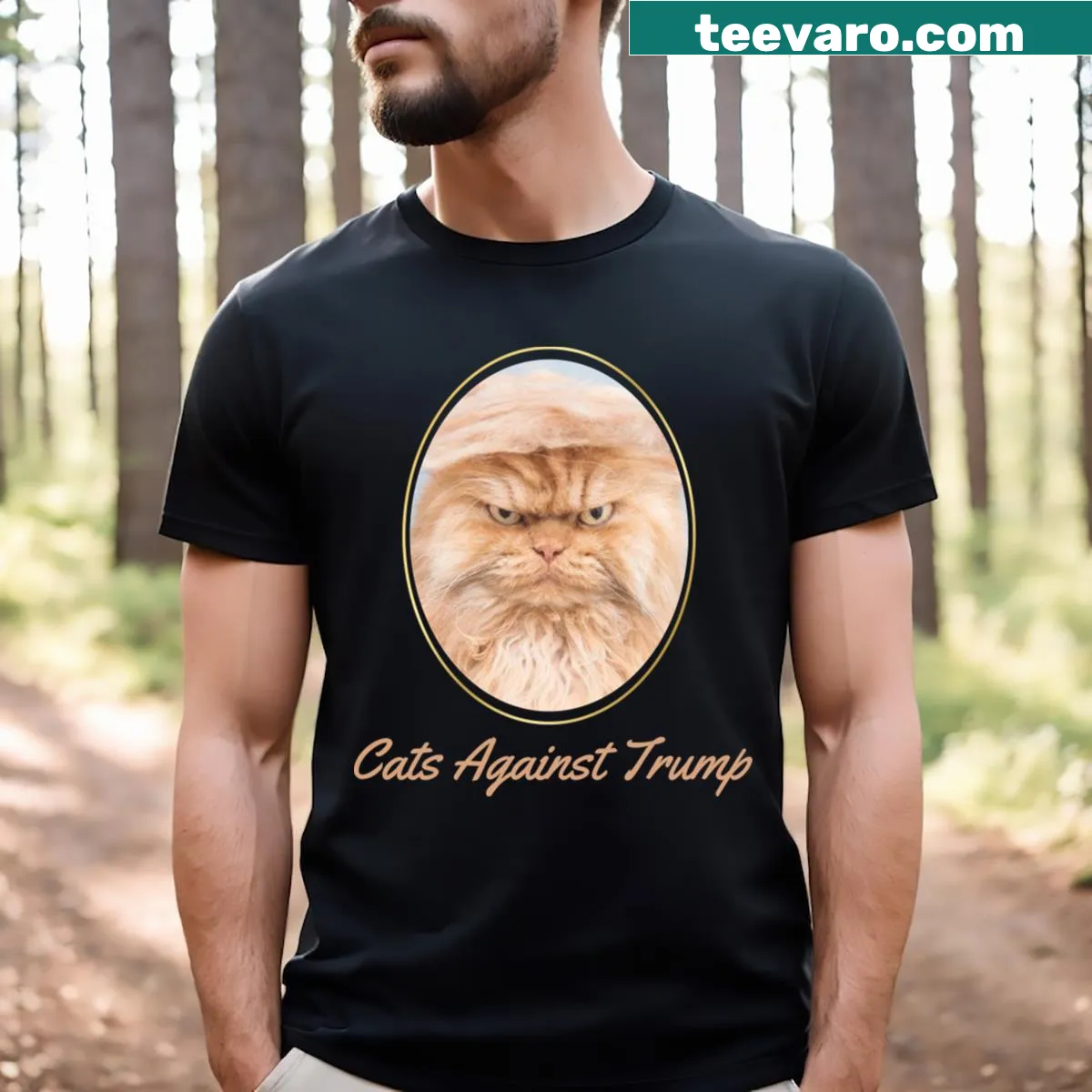 Funny cat-themed graphic with anti-Trump message on a T-shirt — on a men's t-shirt