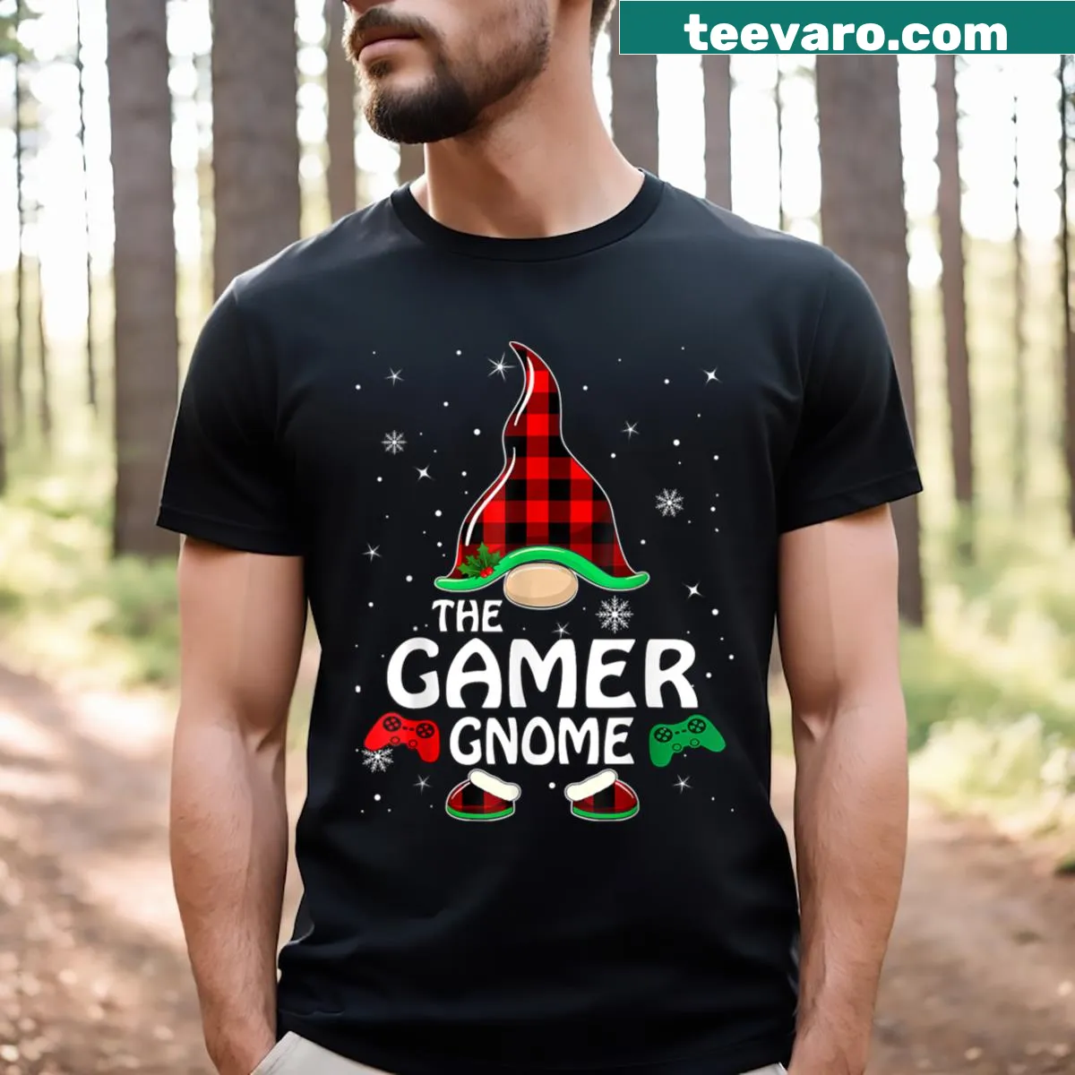 Christmas t-shirt featuring a playful gnome in buffalo plaid for gamers — on a men's t-shirt