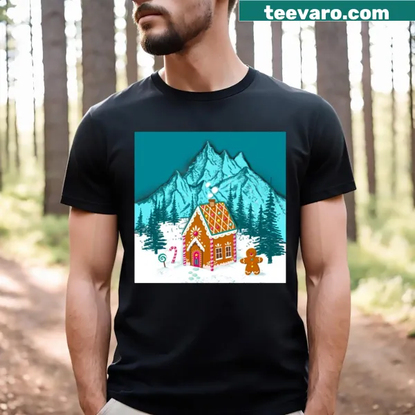 Whimsical illustration of a gingerbread house on a T-shirt