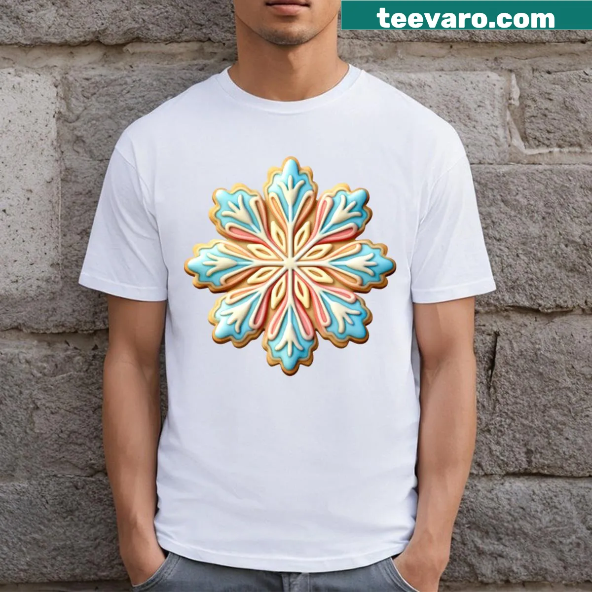 Charming gingerbread snowflake shirt with festive illustration — on a men's t-shirt