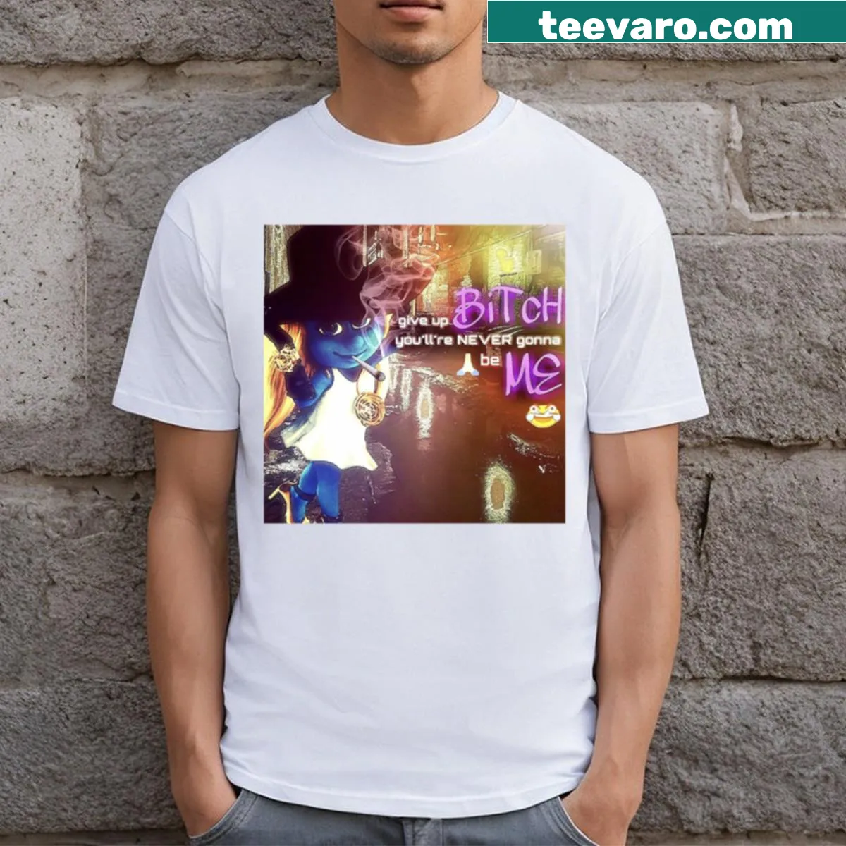 Sarcastic graphic saying 'Give Up You'll Never Be Me' on a t-shirt — on a men's t-shirt