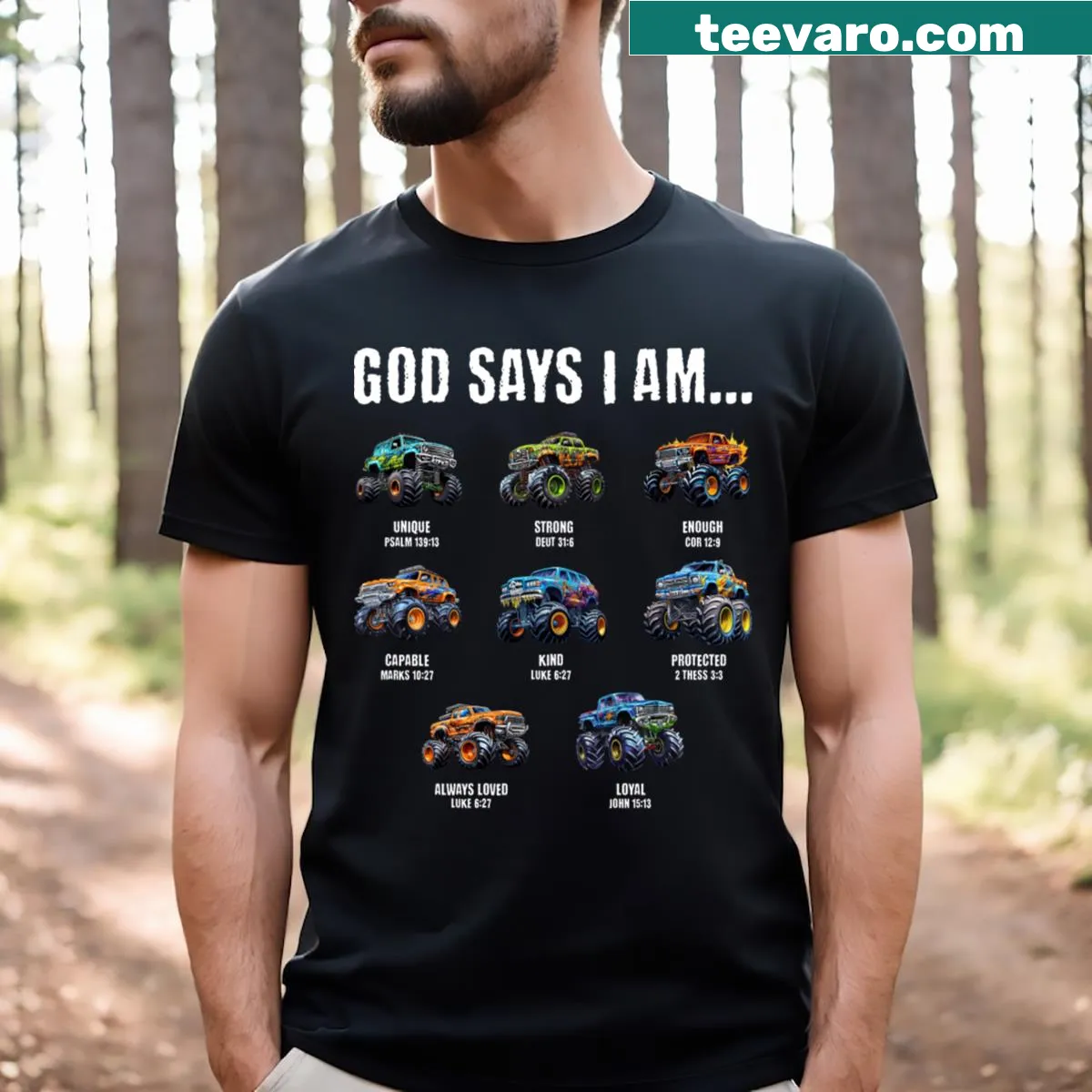 Monster truck graphic on a toddler's Christian T-shirt — on a men's t-shirt