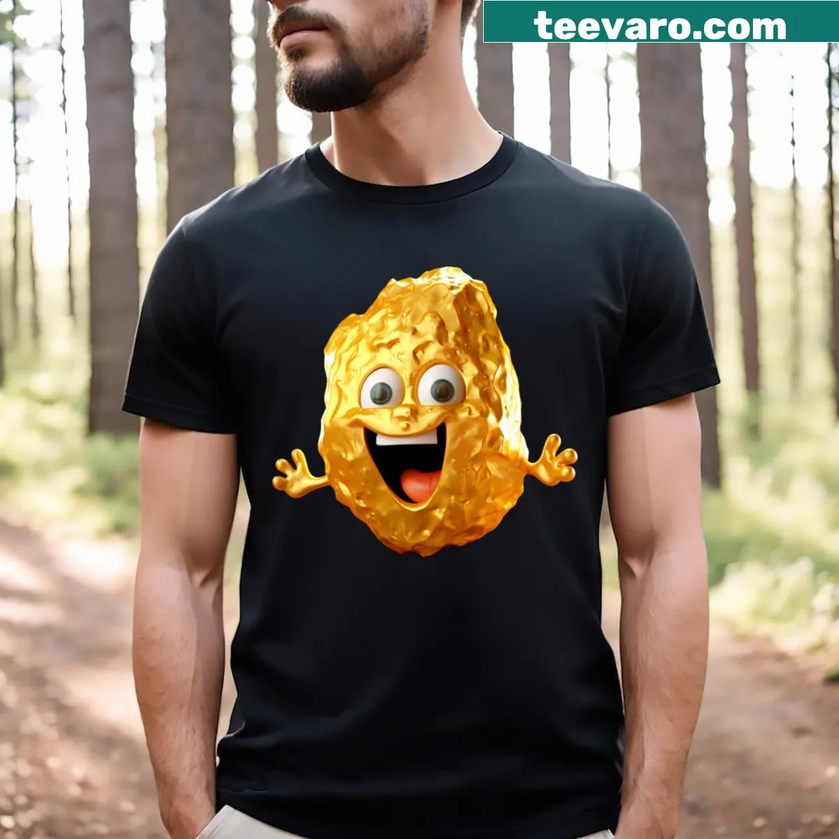 Minimalist gold nugget silhouette on a casual T-shirt — on a men's t-shirt