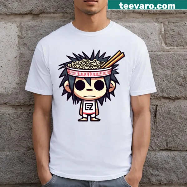 Creative Gorillaz 2D graphic with ramen noodles on a T-shirt