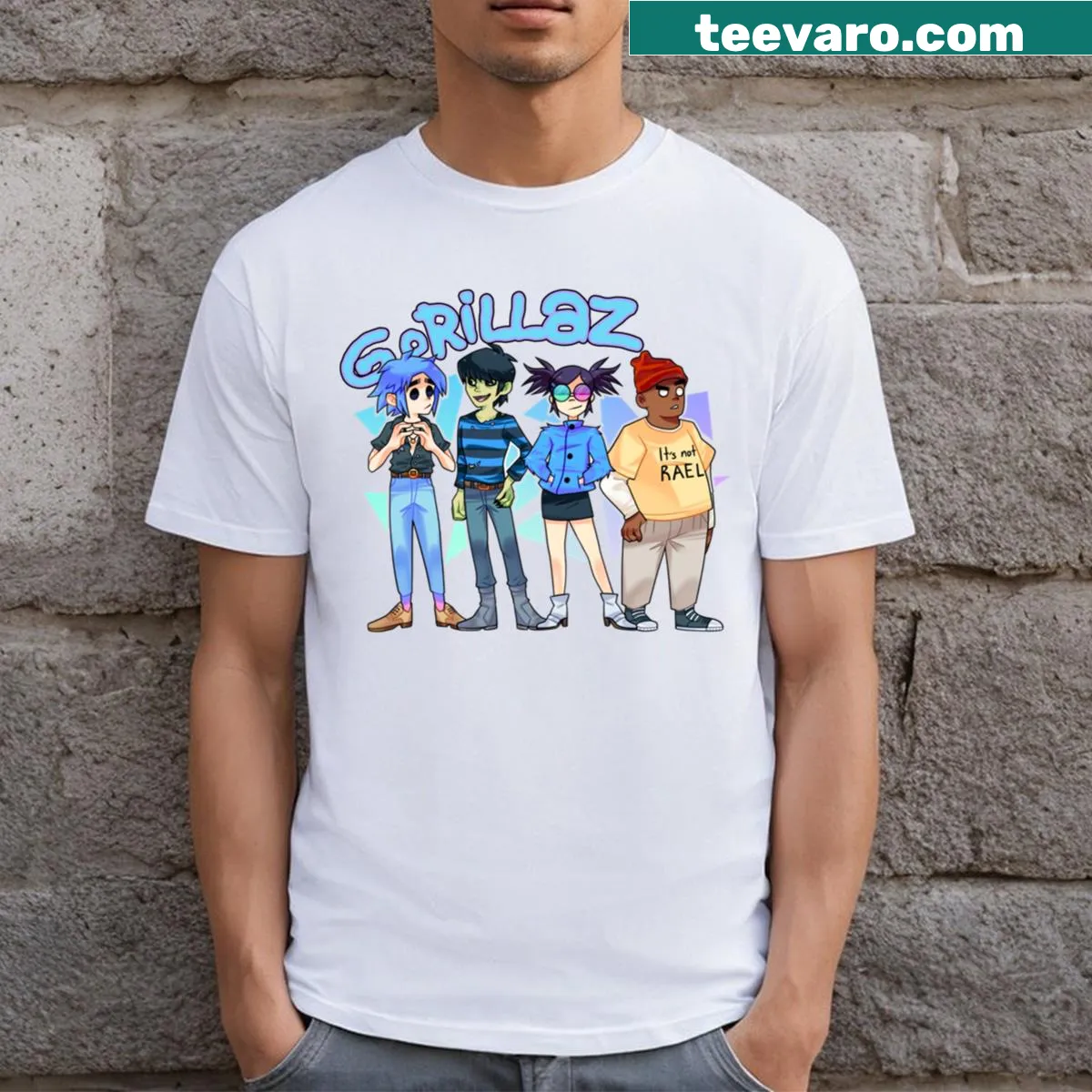 Gorillaz crew design T-shirt featuring band logo illustration — on a men's t-shirt