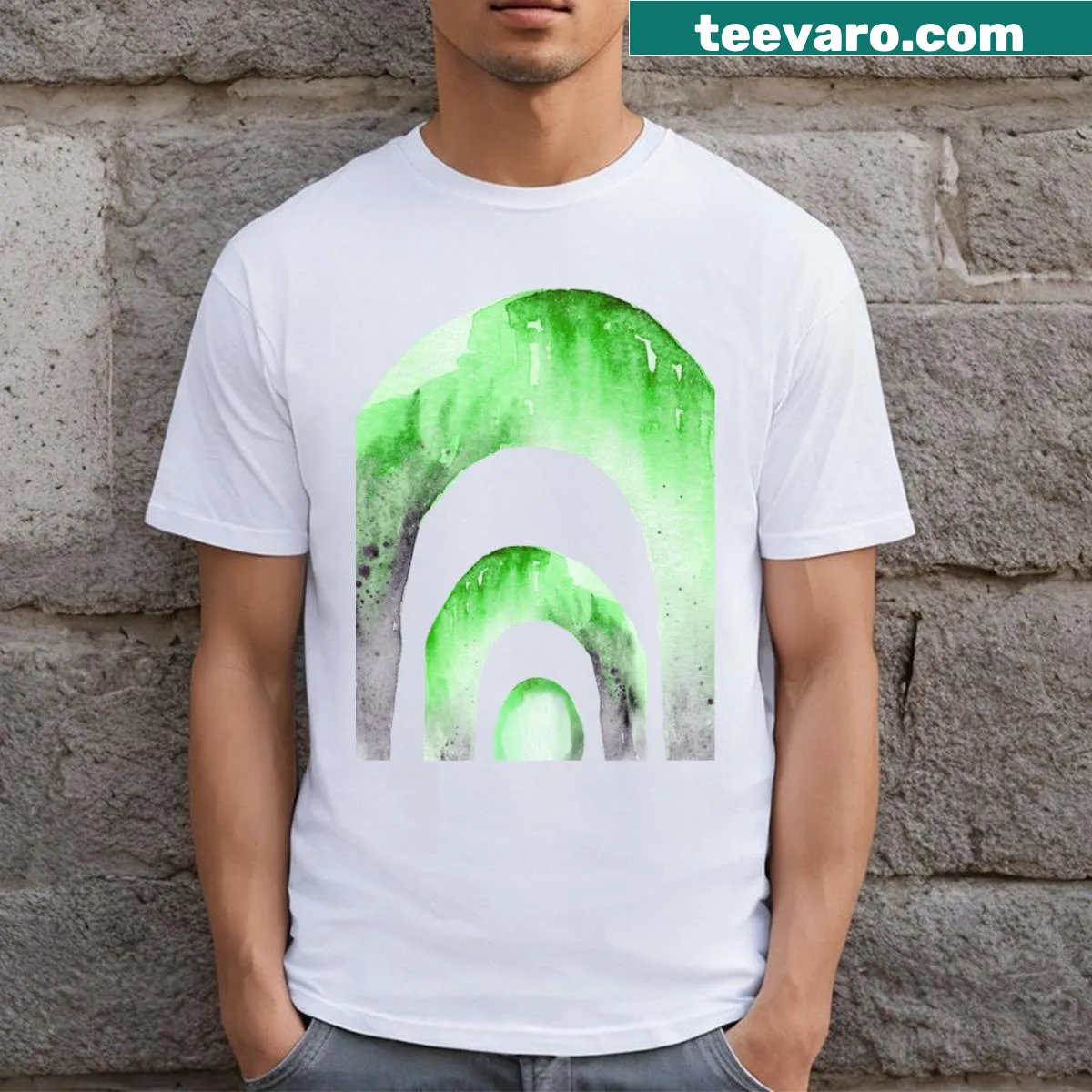 Watercolor abstract design of green arches on a t-shirt — on a men's t-shirt