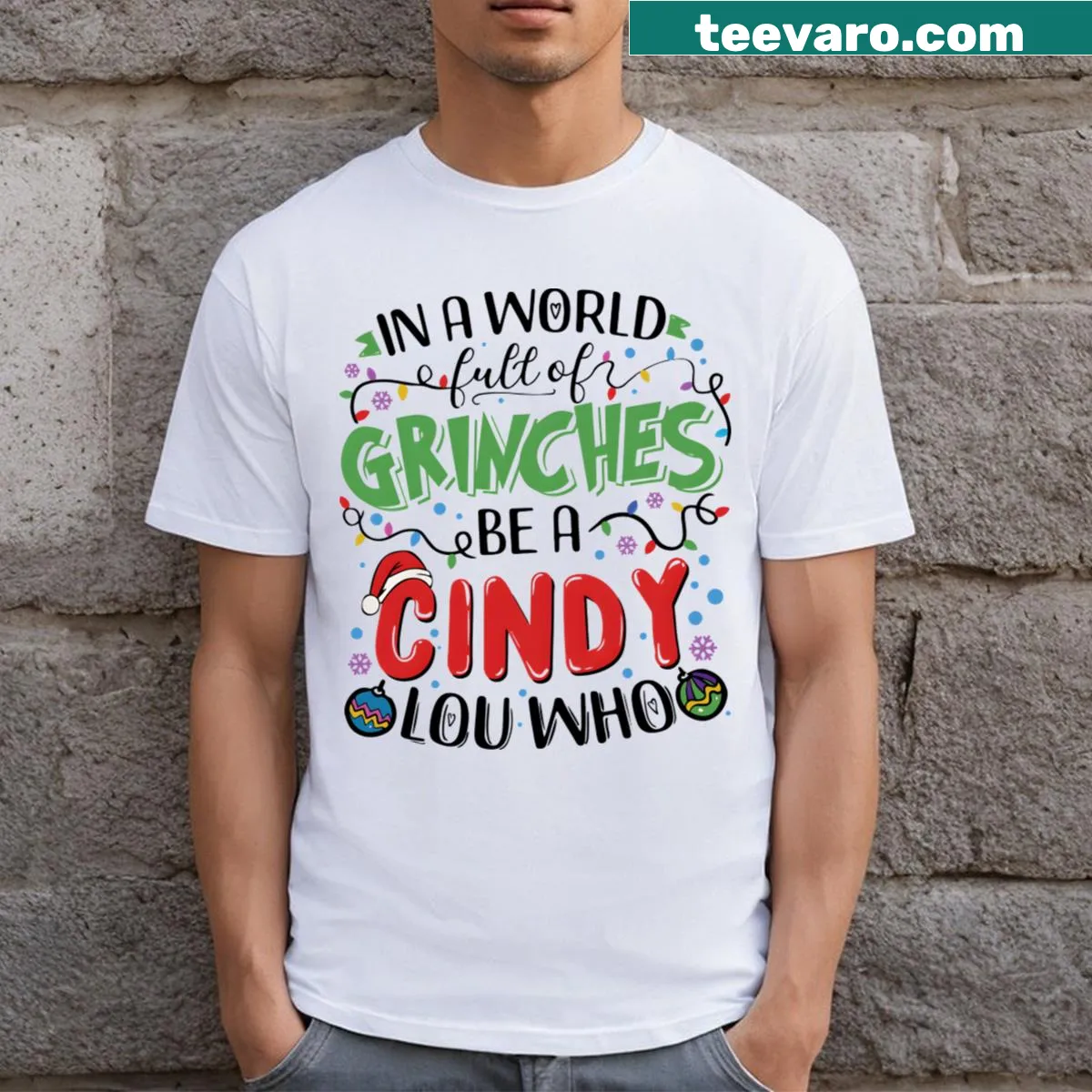 Christmas T-shirt with Grinch theme and festive text — on a men's t-shirt