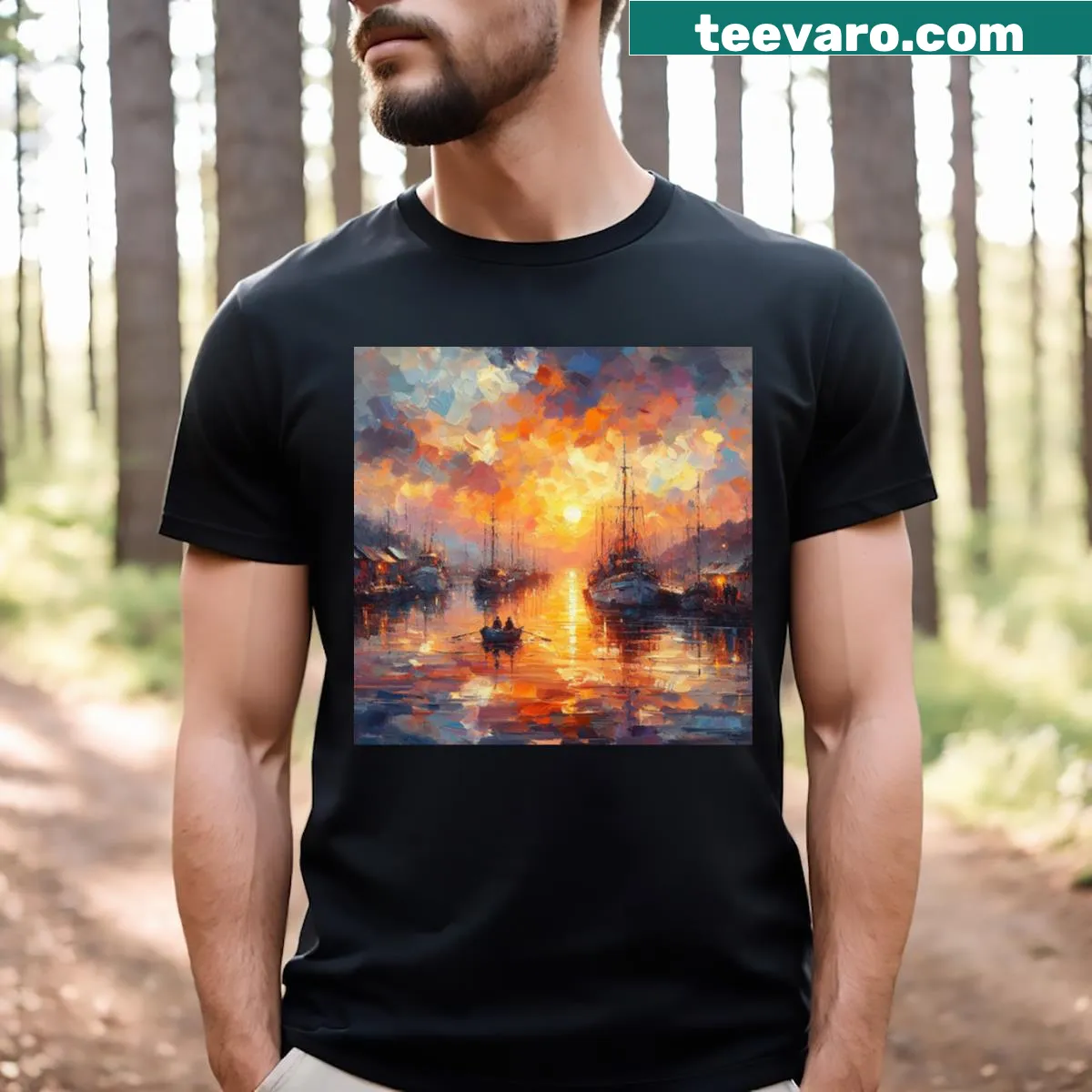 Illustration of a serene harbour at sunset on a t-shirt — on a men's t-shirt