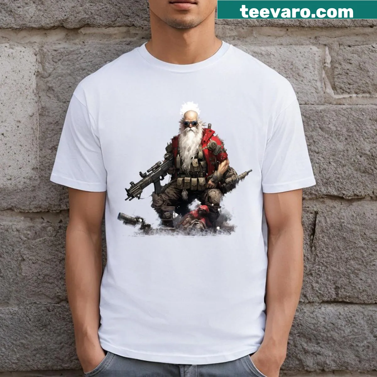 Edgy Santa Claus in a post-apocalyptic scene on T-shirt — on a men's t-shirt