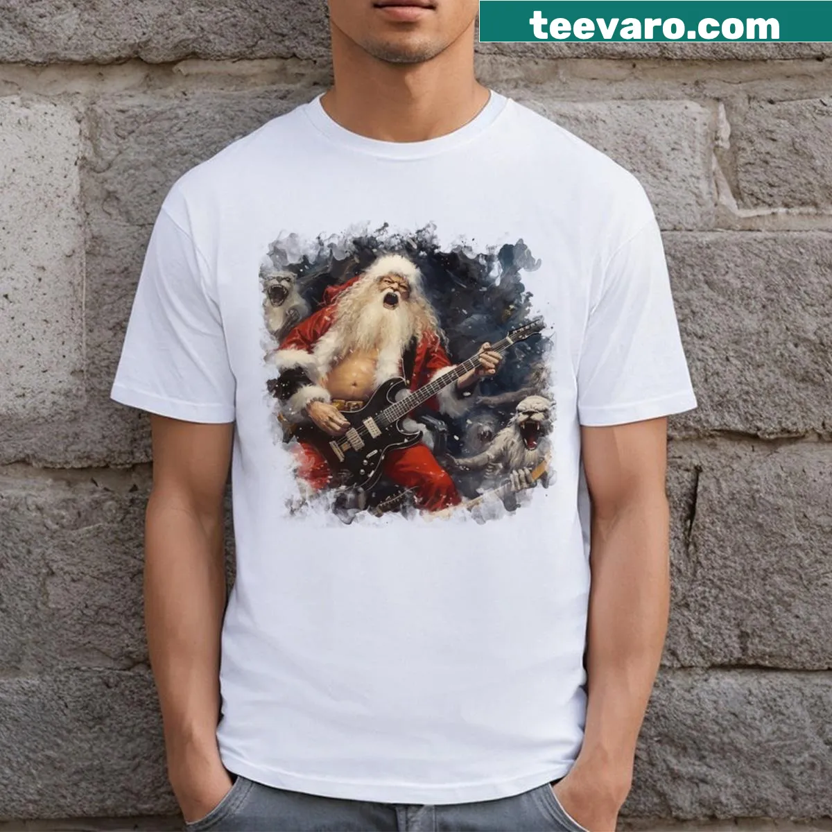 Heavy metal Santa with a crowd of demons on a Christmas t-shirt — on a men's t-shirt