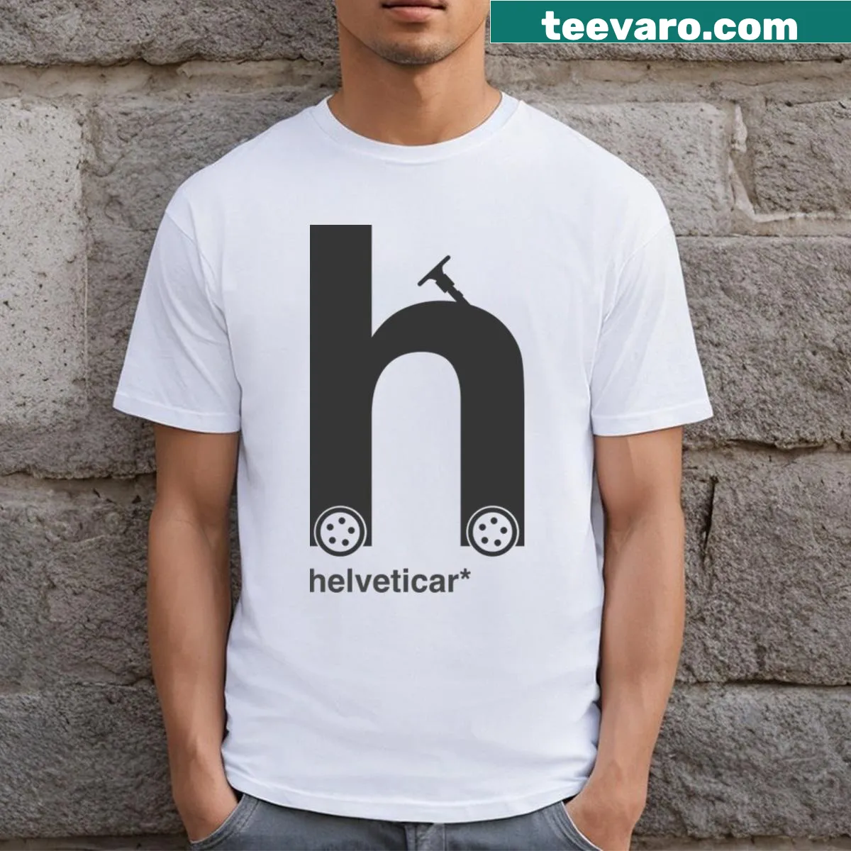 Minimalist typography graphic T-shirt — on a men's t-shirt