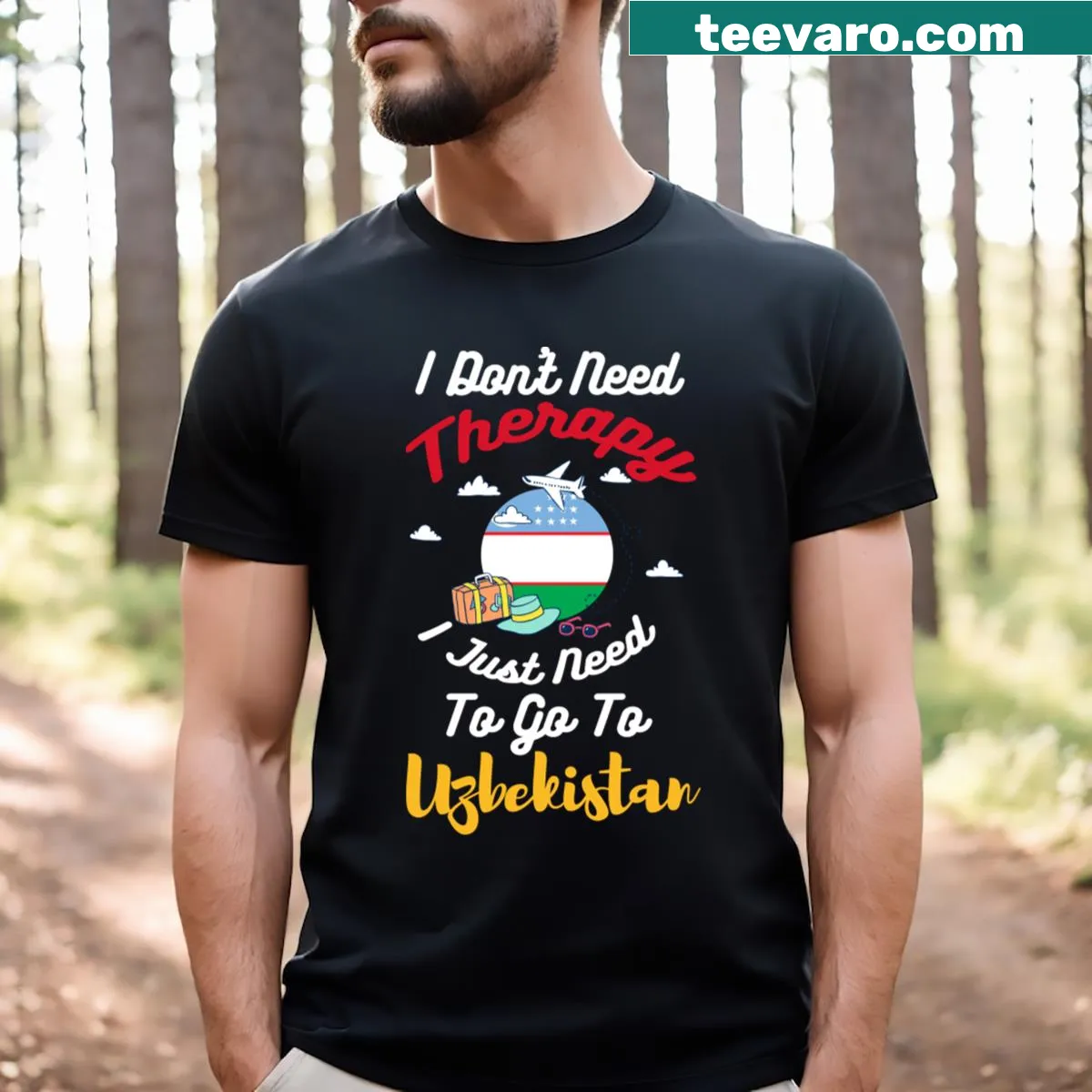 Travel-themed T-shirt with Uzbekistan phrase and humorous design — on a men's t-shirt