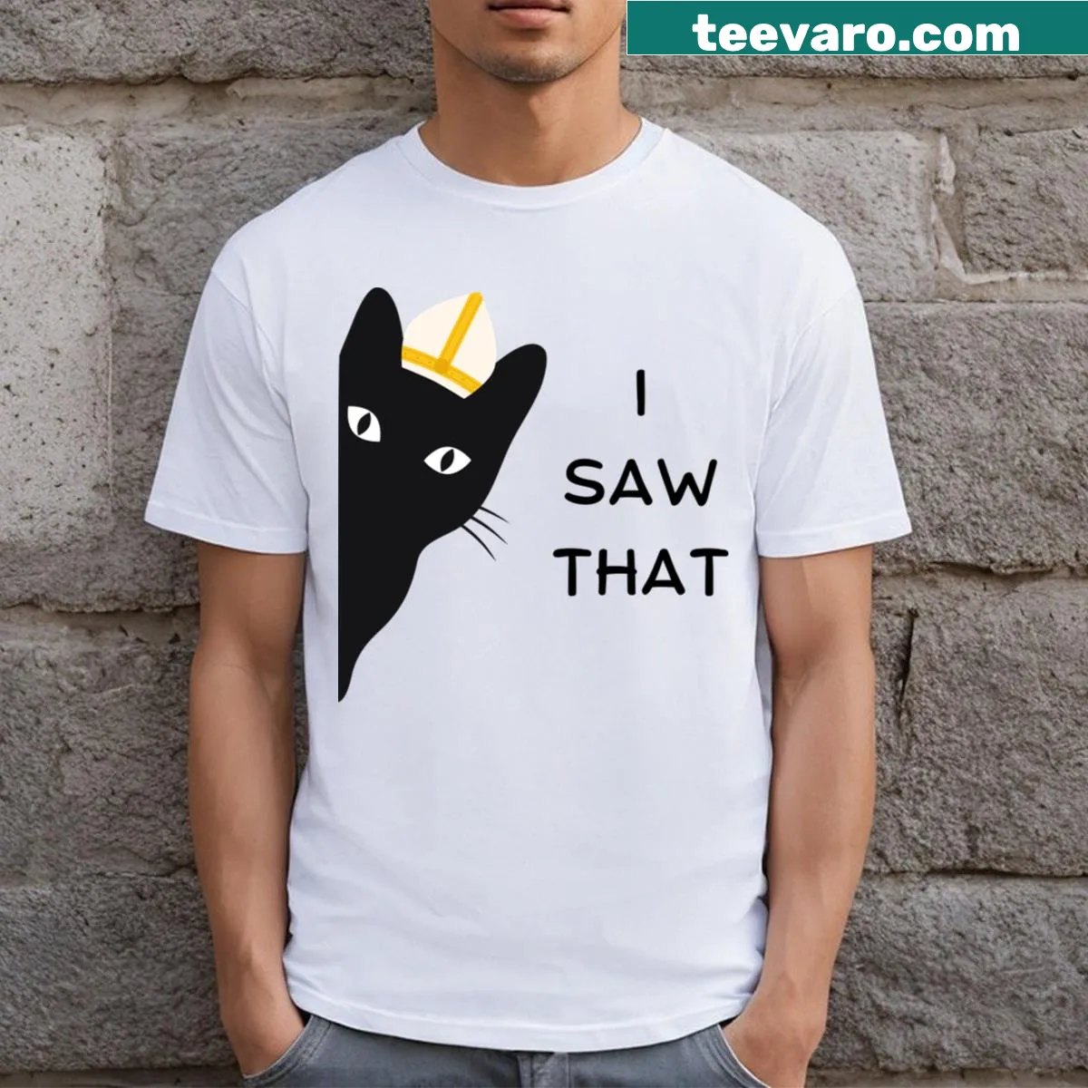 Playful t-shirt with the phrase 'I Saw That Cat Priest' in a fun font. — on a men's t-shirt