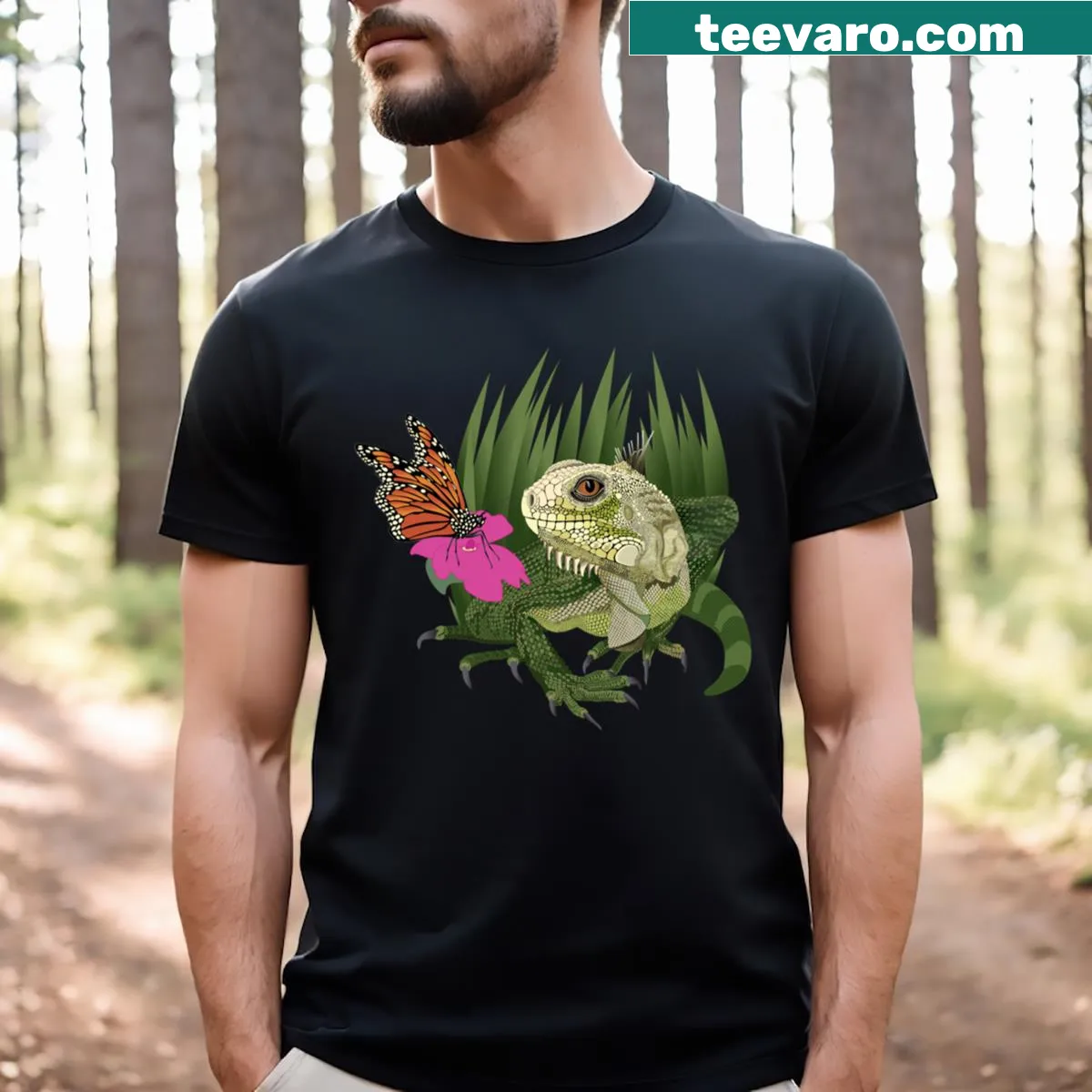 T-shirt featuring an illustration of an iguana meeting a butterfly — on a men's t-shirt