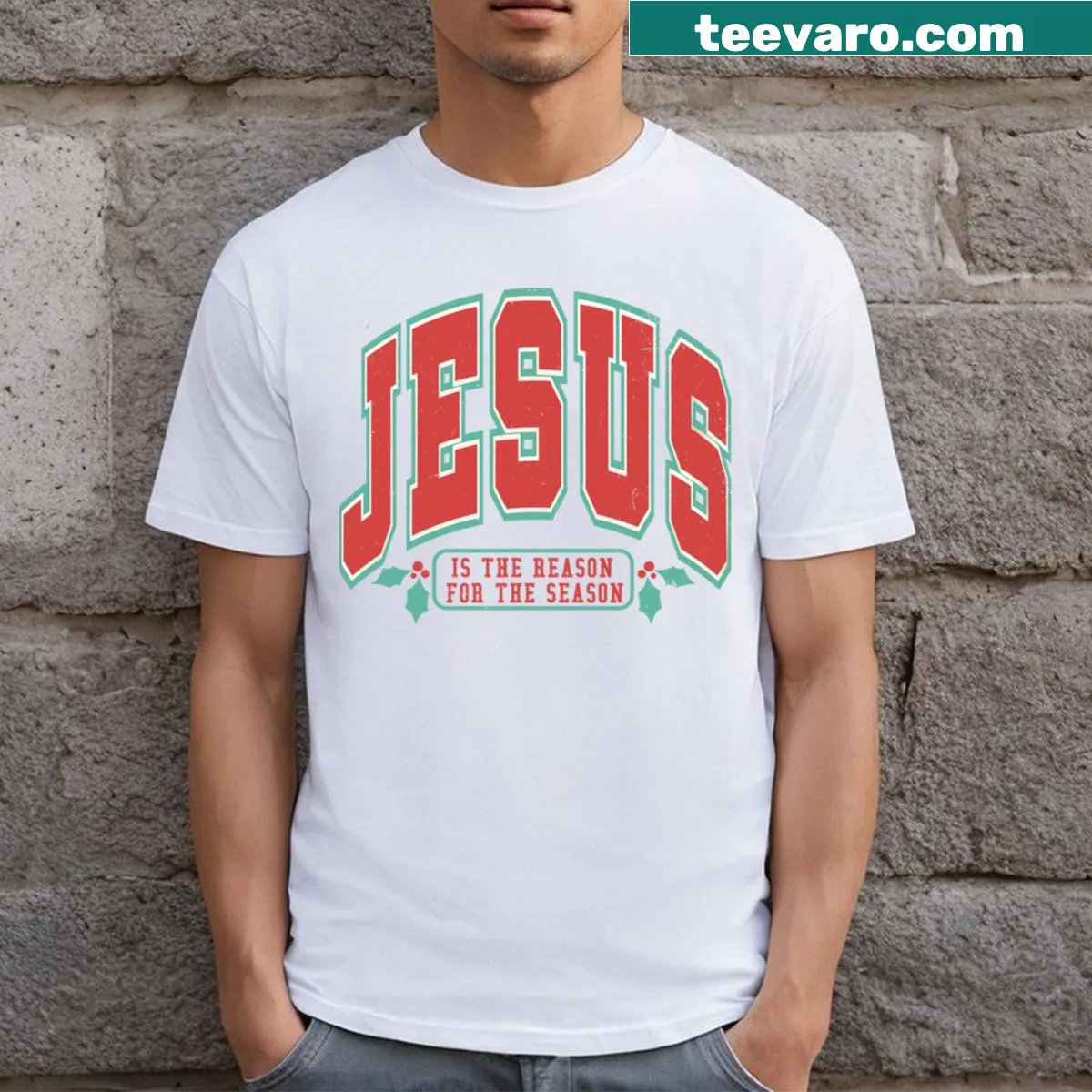 Retro Christmas t-shirt with faith-based message — on a men's t-shirt