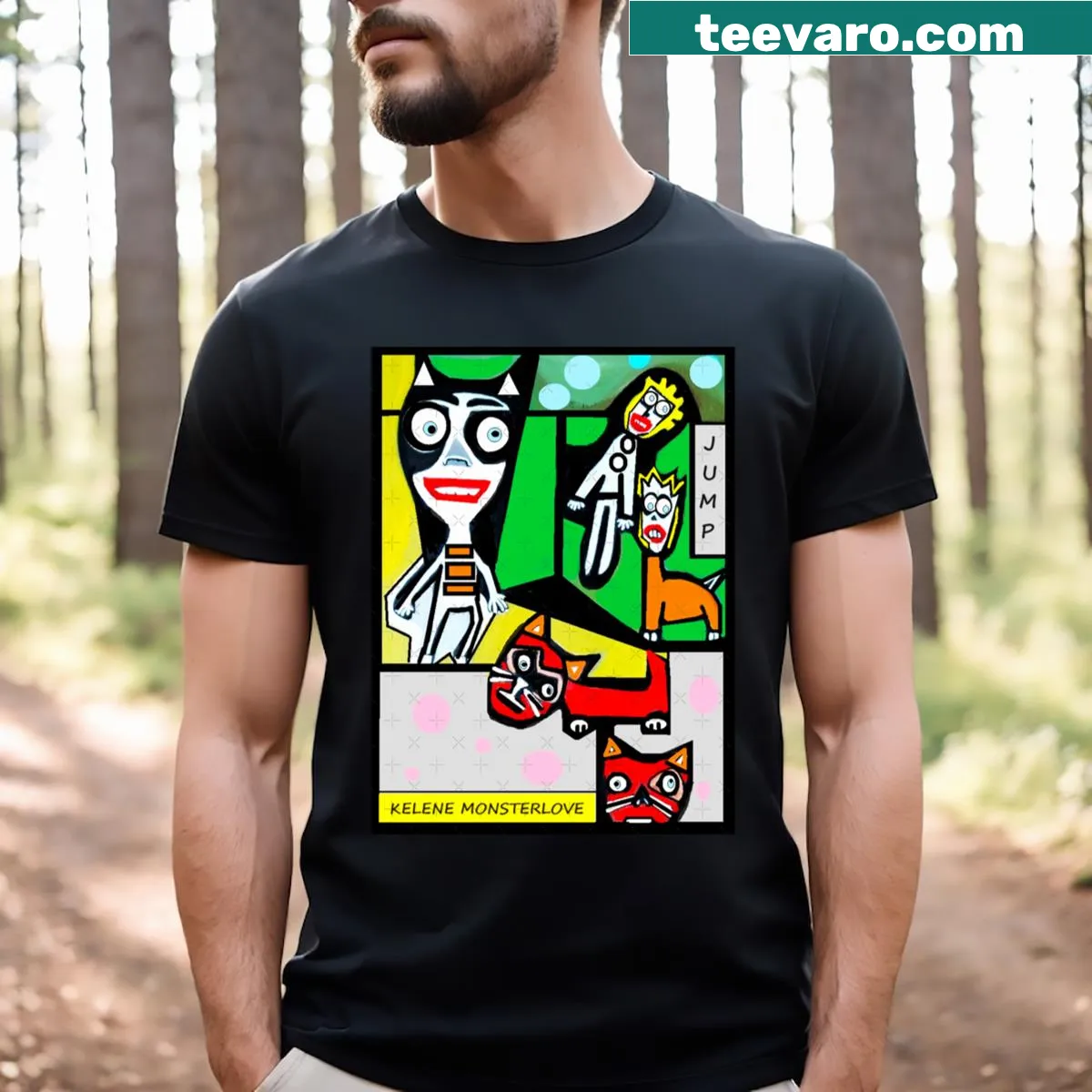 Playful Jump T-shirt featuring dynamic text design — on a men's t-shirt
