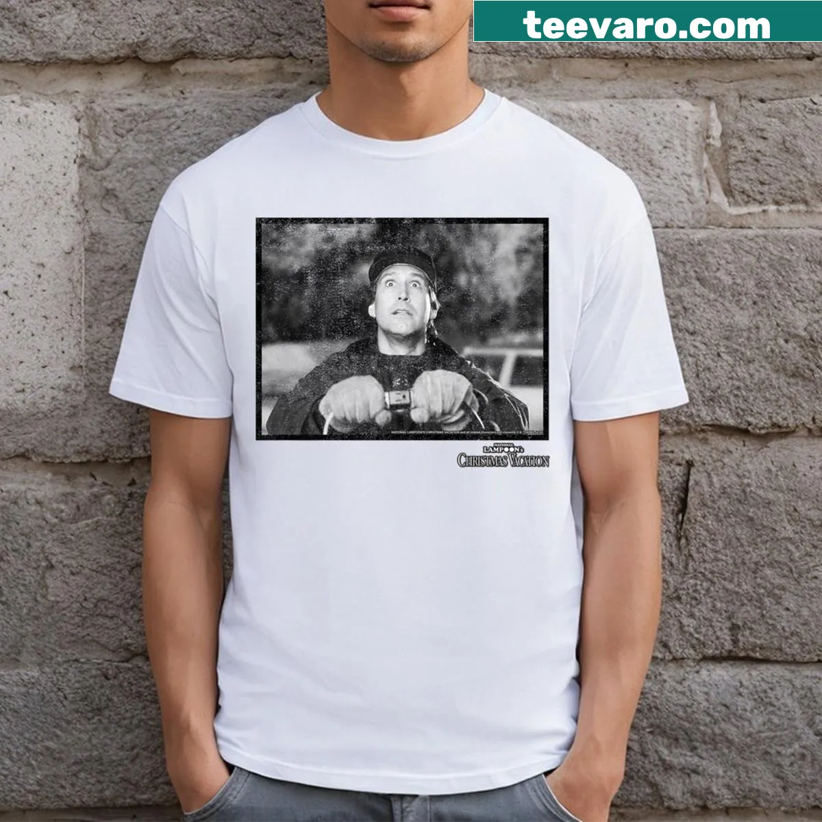 Black and white Kids T-shirt featuring Clark from Christmas Vacation — on a men's t-shirt