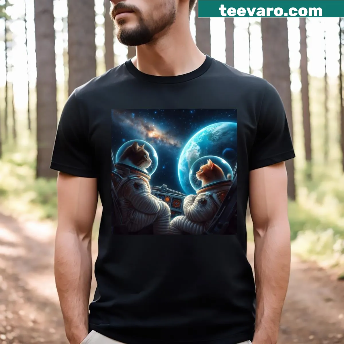 Illustrated T-shirt featuring a cat in the moonlight — on a men's t-shirt
