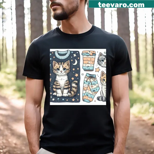 Illustrated T-shirt featuring a cat playing with art supplies