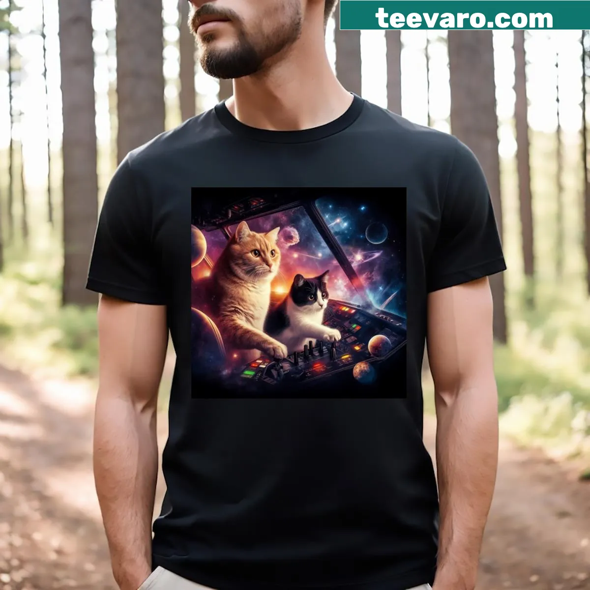 Playful cat-themed T-shirt with unique design — on a men's t-shirt