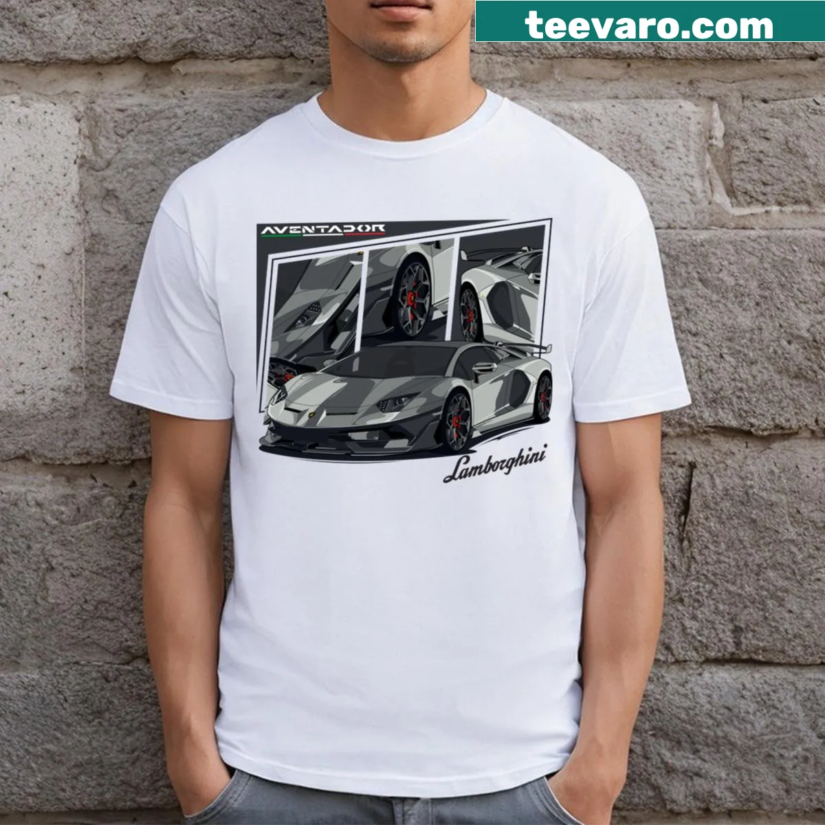 Lamborghini Aventador graphic T-shirt showcasing car silhouette — on a men's t-shirt
