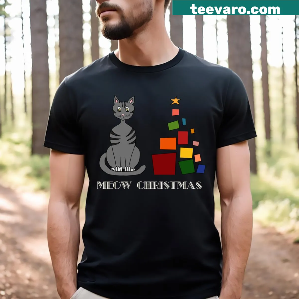 Illustration of a cat with Christmas gifts and a tree on a T-shirt — on a men's t-shirt