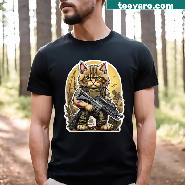 Cat in military gear graphic on Military Cat T-shirt