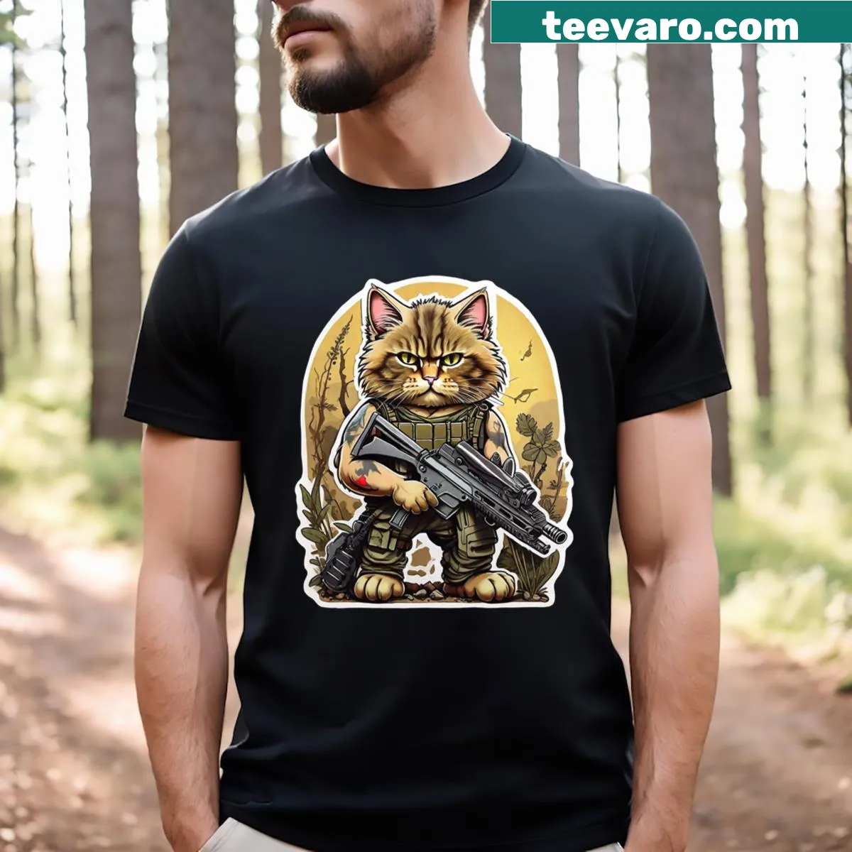 Cat in military gear graphic on Military Cat T-shirt — on a men's t-shirt
