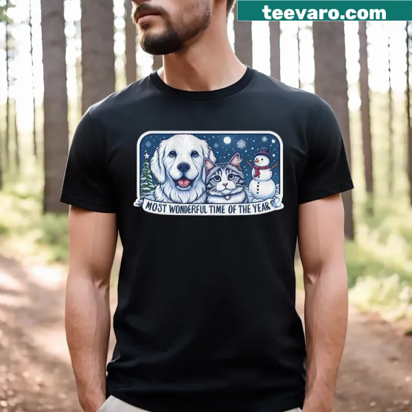 Heartwarming Christmas t-shirt with dog, cat, and snowman
