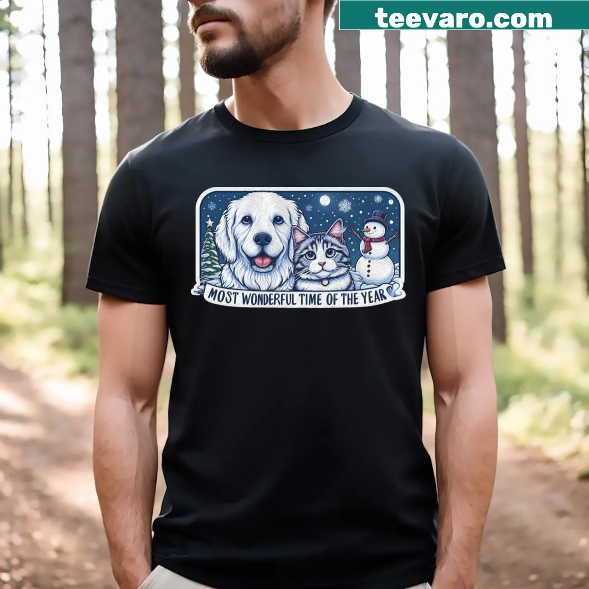 Heartwarming Christmas t-shirt with dog, cat, and snowman — on a men's t-shirt