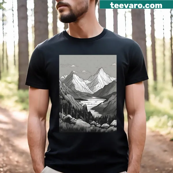Serene mountain river graphic on a nature-themed t-shirt