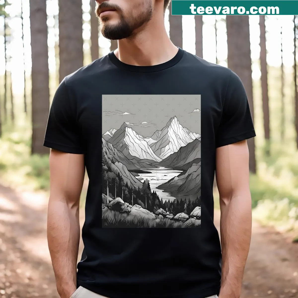 Serene mountain river graphic on a nature-themed t-shirt — on a men's t-shirt
