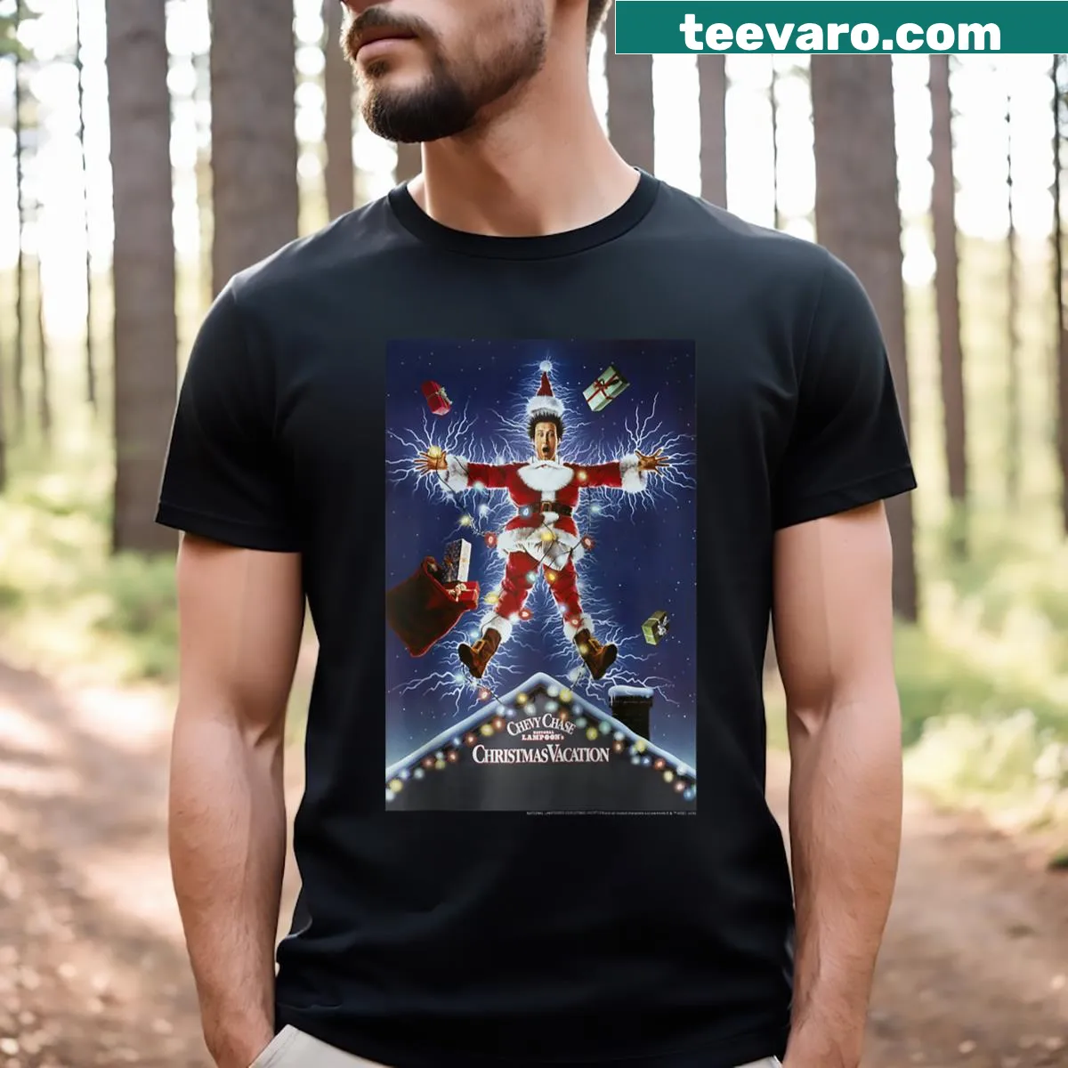 Raglan tee featuring National Lampoon's Christmas Vacation movie poster. — on a men's t-shirt