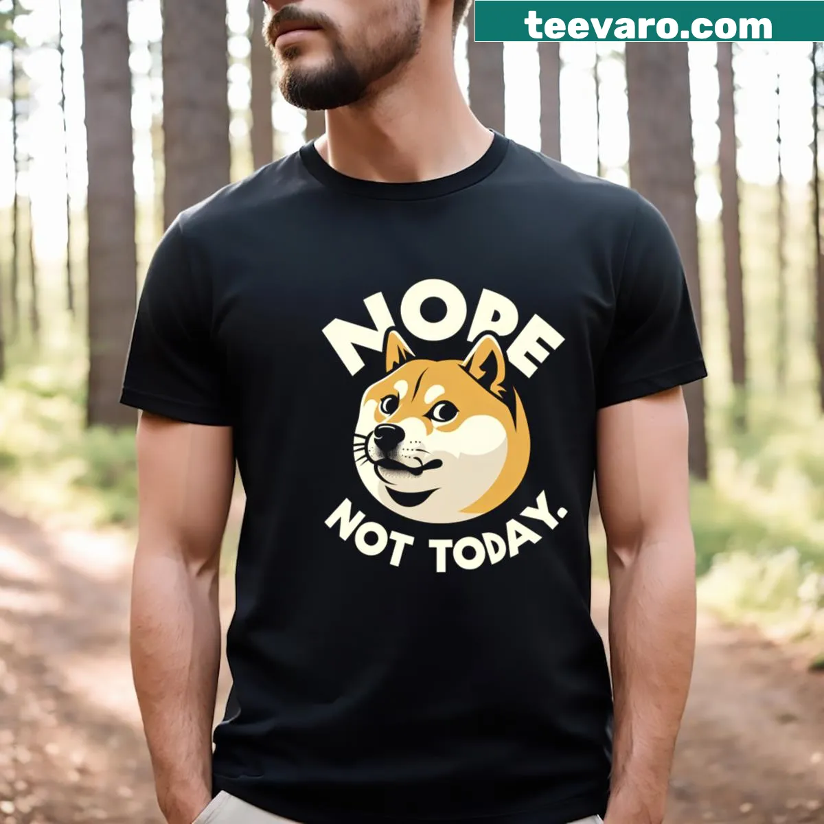Funny Doge graphic t-shirt with Nope Not Today text — on a men's t-shirt